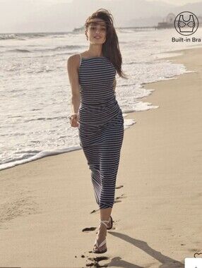 NWT OGL Navy, Wihite Light Blue Striped Sleeveless Maxi Top and Maxi Skirt
